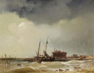 Charles Hoguet - Am Strand anlandende Fischerboote