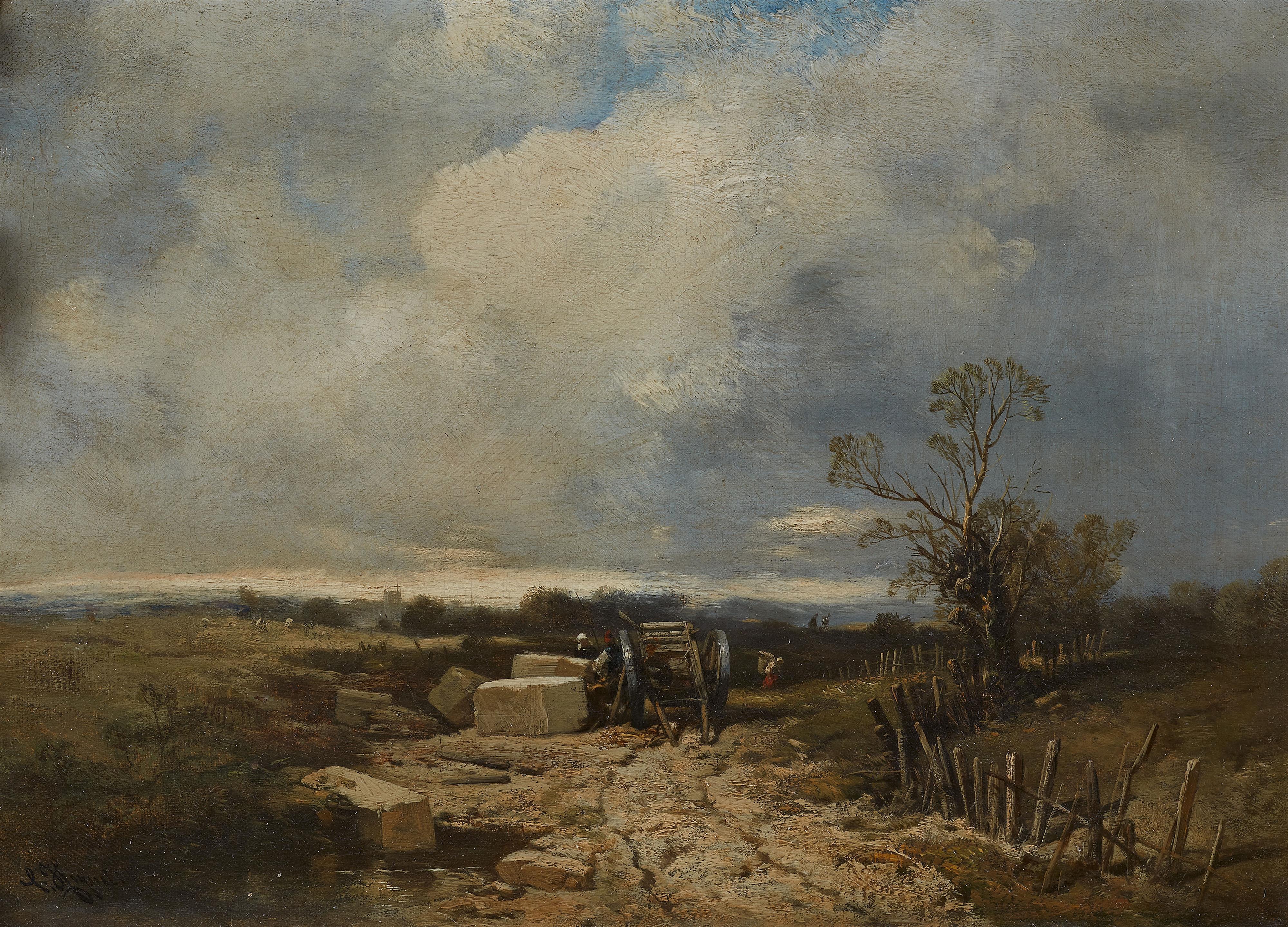 Charles Hoguet - Landschaft mit Fuhrwerk und großen Steinblöcken