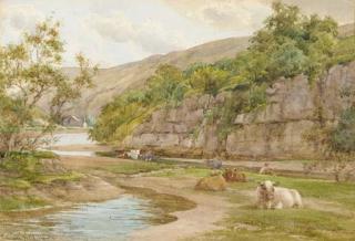 Charles James Adams - Cattle resting on the banks of a river with a fisherman beyond