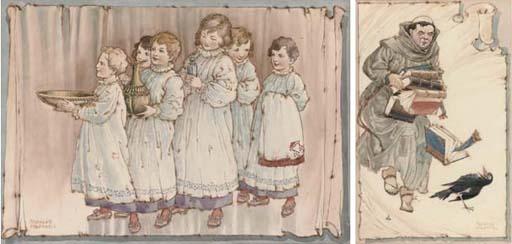 Charles James Folkard - Illustrations to Richard Harris Barham\'s Jackdaw of Rheims:  All a-whisper; Bearing gifts; In a hurry; and An uncomfortable shoe (two illustrated)