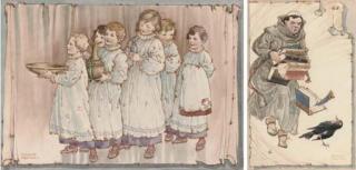 Charles James Folkard - Illustrations to Richard Harris Barham\'s Jackdaw of Rheims:  All a-whisper; Bearing gifts; In a hurry; and An uncomfortable shoe (two illustrated)