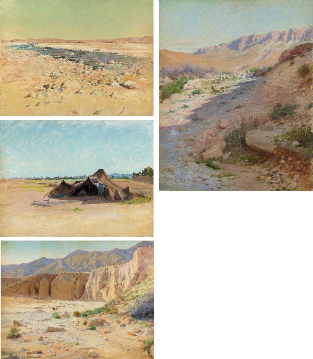 Charles James Theriat - A pair of travellers bellow cliffs in the desert; and Watering at a river in the desert; and An Arab camp in the desert; and The shepherd in the desert