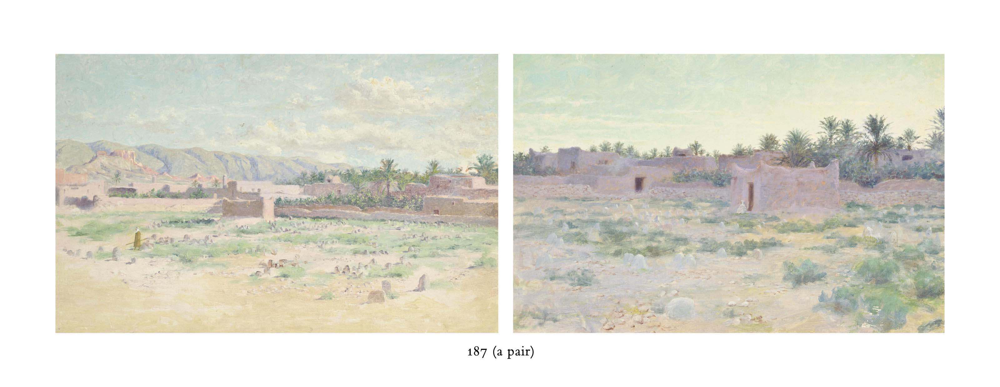 Charles James Theriat - An Oasis Settlement; An Arab At A North African Settlement Before A Mountain Range