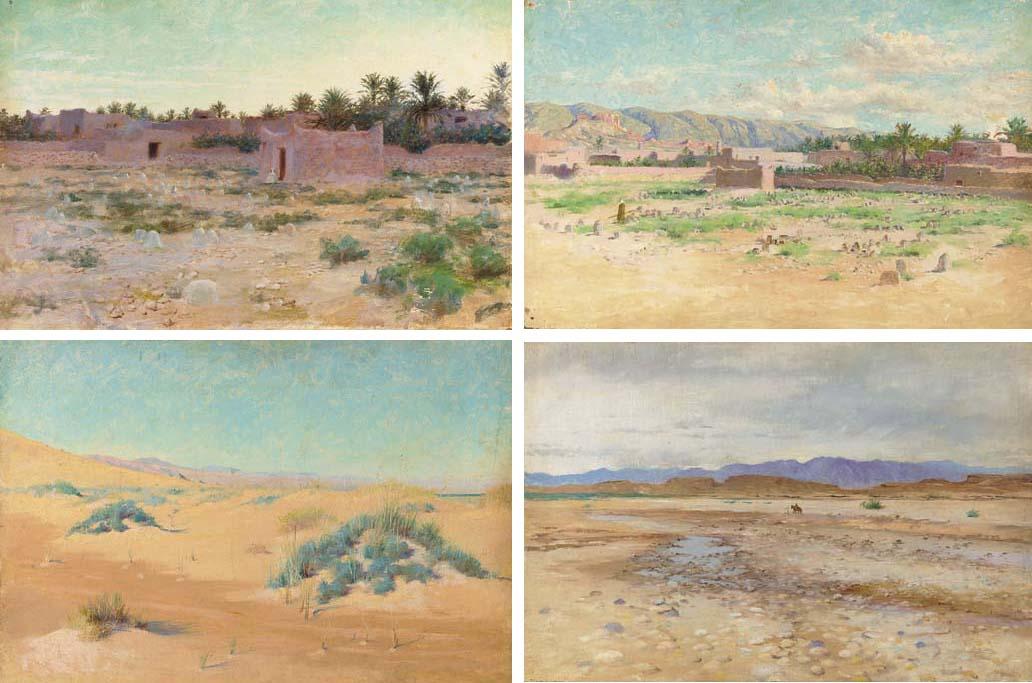 Charles James Theriat - Travellers in the desert; and Resting outside the hut; and Wandering outside the city gates; and Desert dunes