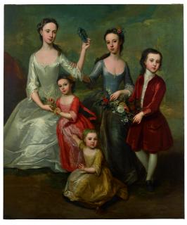 Charles Jervas - A Family Portrait Of Four Sisters In White, Blue, Red And Yellow Dresses Holding Fruit And Flowers With Their Brother, Wearing A Brown Coat And Holding A Basket Of Flowers
