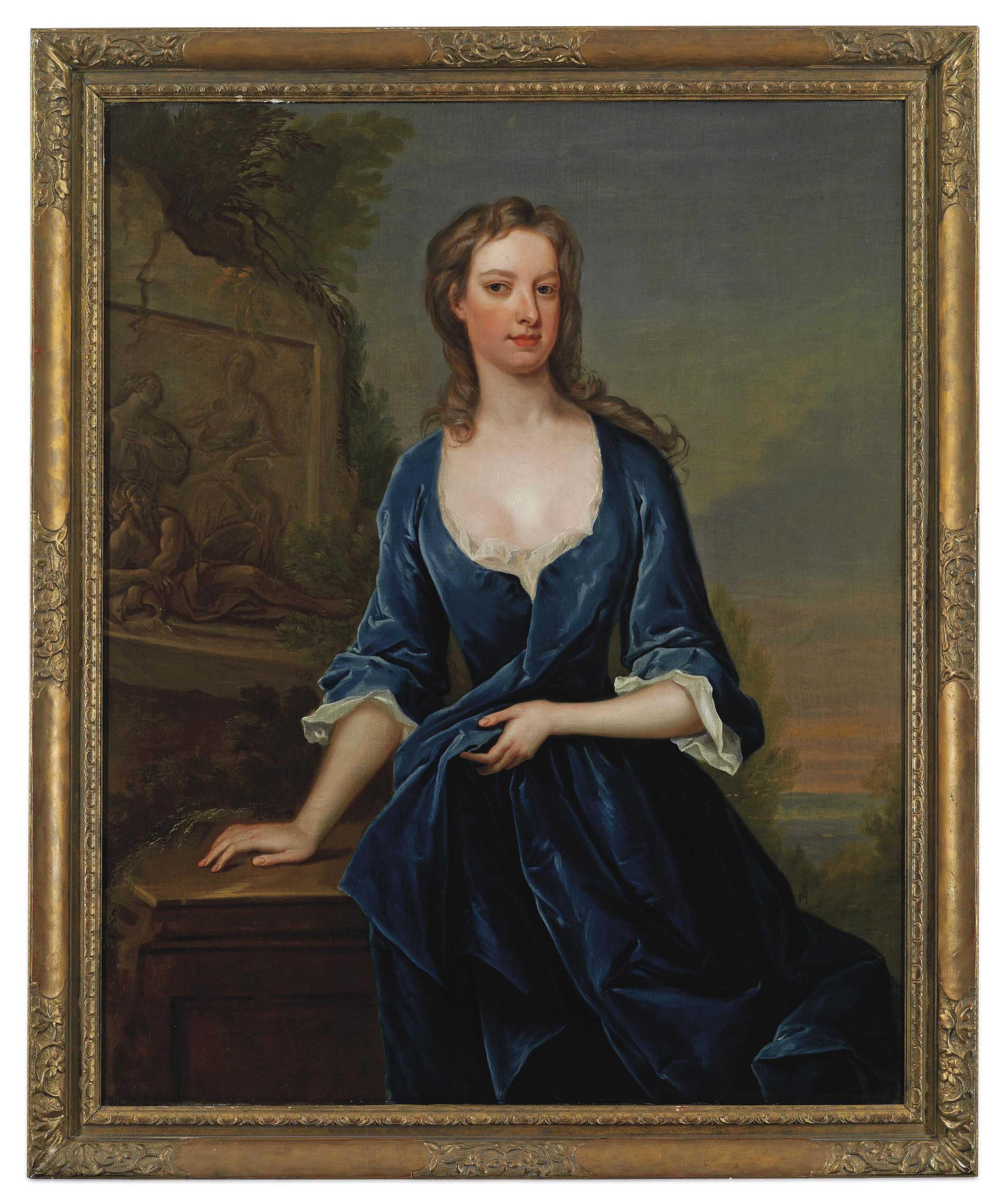 Charles Jervas - Portrait of a lady, three-quarter-length, in a blue dress beside classical relief, a lake beyond
