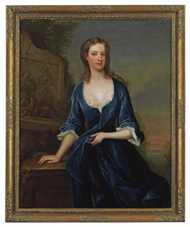 Charles Jervas - Portrait of a lady, three-quarter-length, in a blue dress beside classical relief, a lake beyond