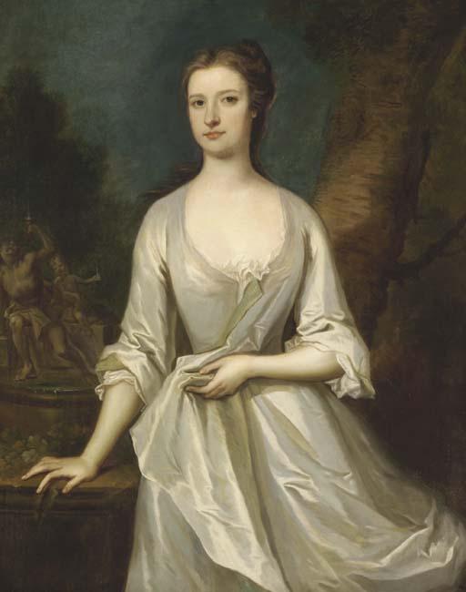Charles Jervas - Portrait of a Lady, three-quarter-length, in a white dress, a fountain beyond