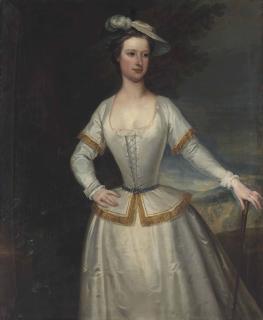 Charles Jervas - Portrait of Jane du Cane, alias du Quesne (b.1711), three-quarter-length, in a white silk dress with golden trimming and a plumed hat, a cane in her left hand, a landscape beyond