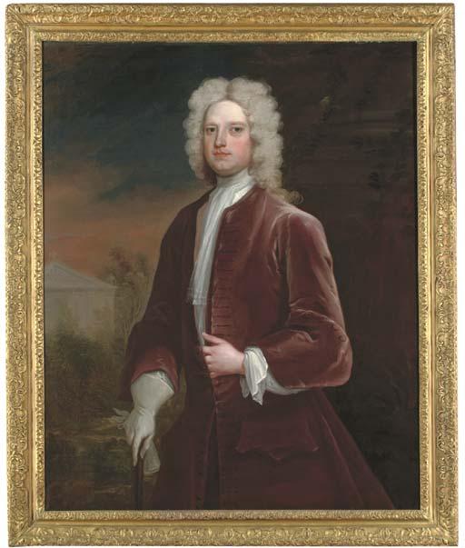 Charles Jervas - Portrait of Sir Edward Bacon, Three-Quarter-Length, In A Maroon Coat, With A Walking Stick In His Right Hand, By A Column, In A Landscape, A Classical Building Beyond