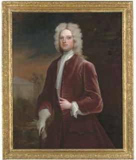 Charles Jervas - Portrait of Sir Edward Bacon, Three-Quarter-Length, In A Maroon Coat, With A Walking Stick In His Right Hand, By A Column, In A Landscape, A Classical Building Beyond