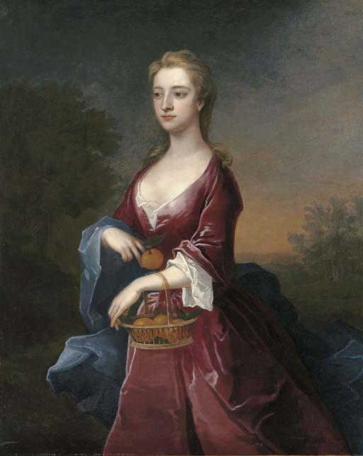 Charles Jervas - Portrait of the Hon. Mary Digby, three-quarter-length, in a maroon dress and blue wrap, holding a basket of oranges on her left arm, an orange in her right hand