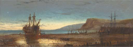 Charles John De Lacy - A hulk on a beach at dusk