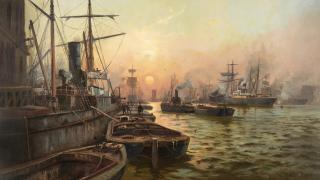 Charles John de Lacy - Busy shipping scene at the docks