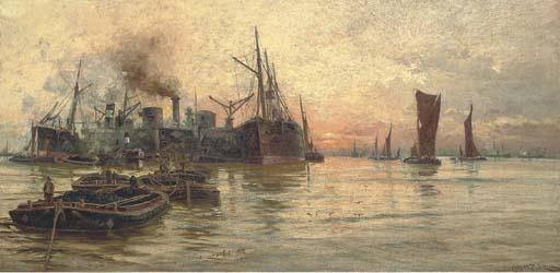 Charles John de Lacy - The bustling Thames at dusk