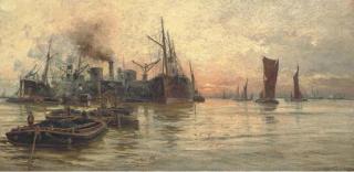 Charles John de Lacy - The bustling Thames at dusk