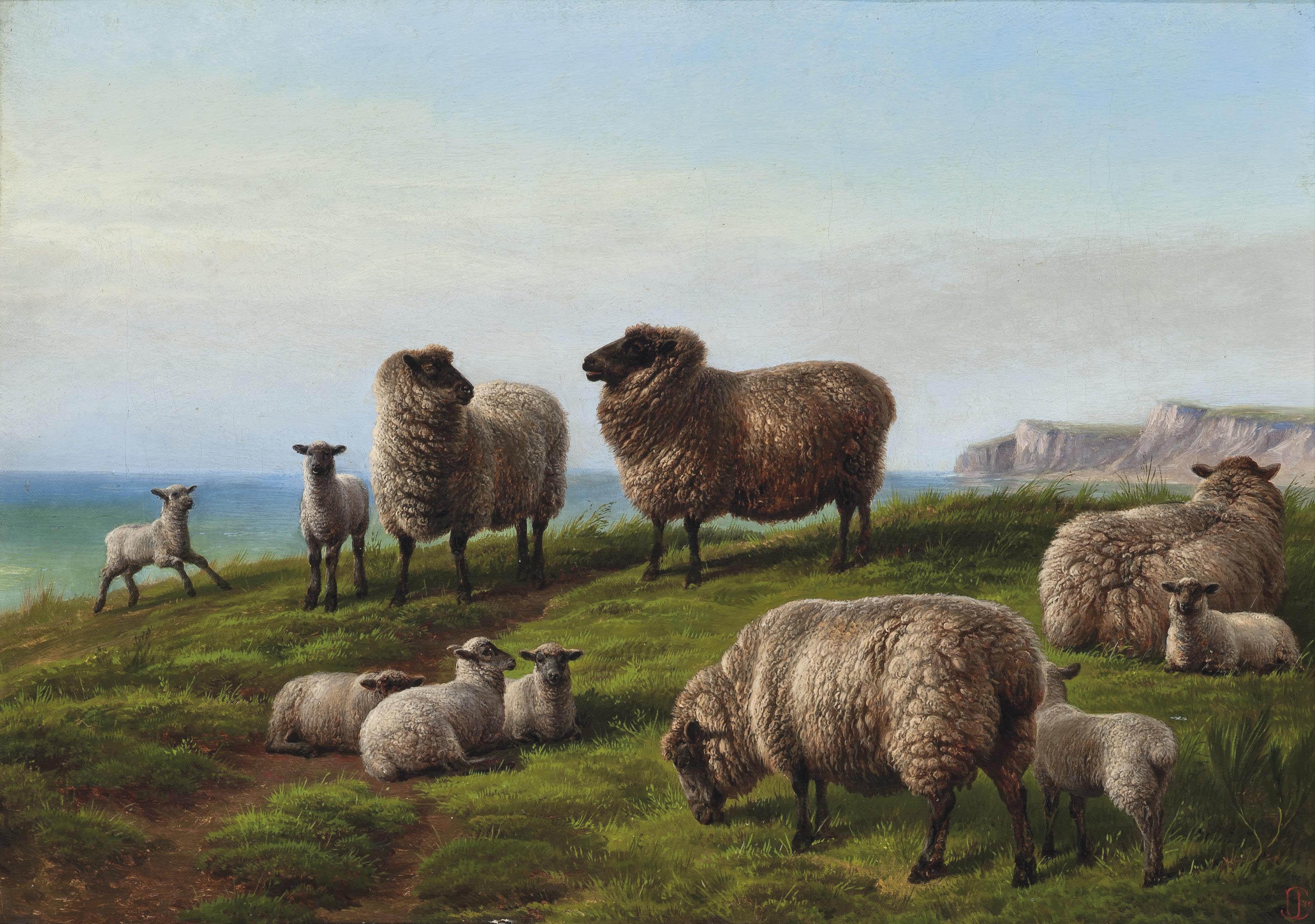 Charles Jones, A.R.S.A. - Sheep grazing on a headland