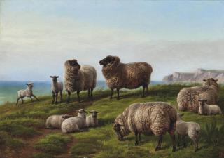 Charles Jones, A.R.S.A. - Sheep grazing on a headland