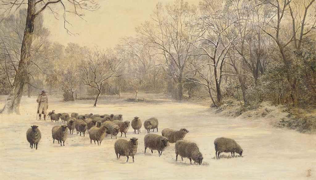Charles Jones, R.C.A. - A shepherd and flock in a snowy landscape