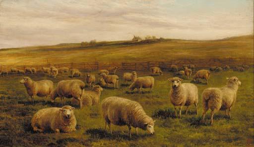 Charles Jones, R.C.A. - Sheep grazing in a coastal landscape; and Sheep grazing with a cottage beyond