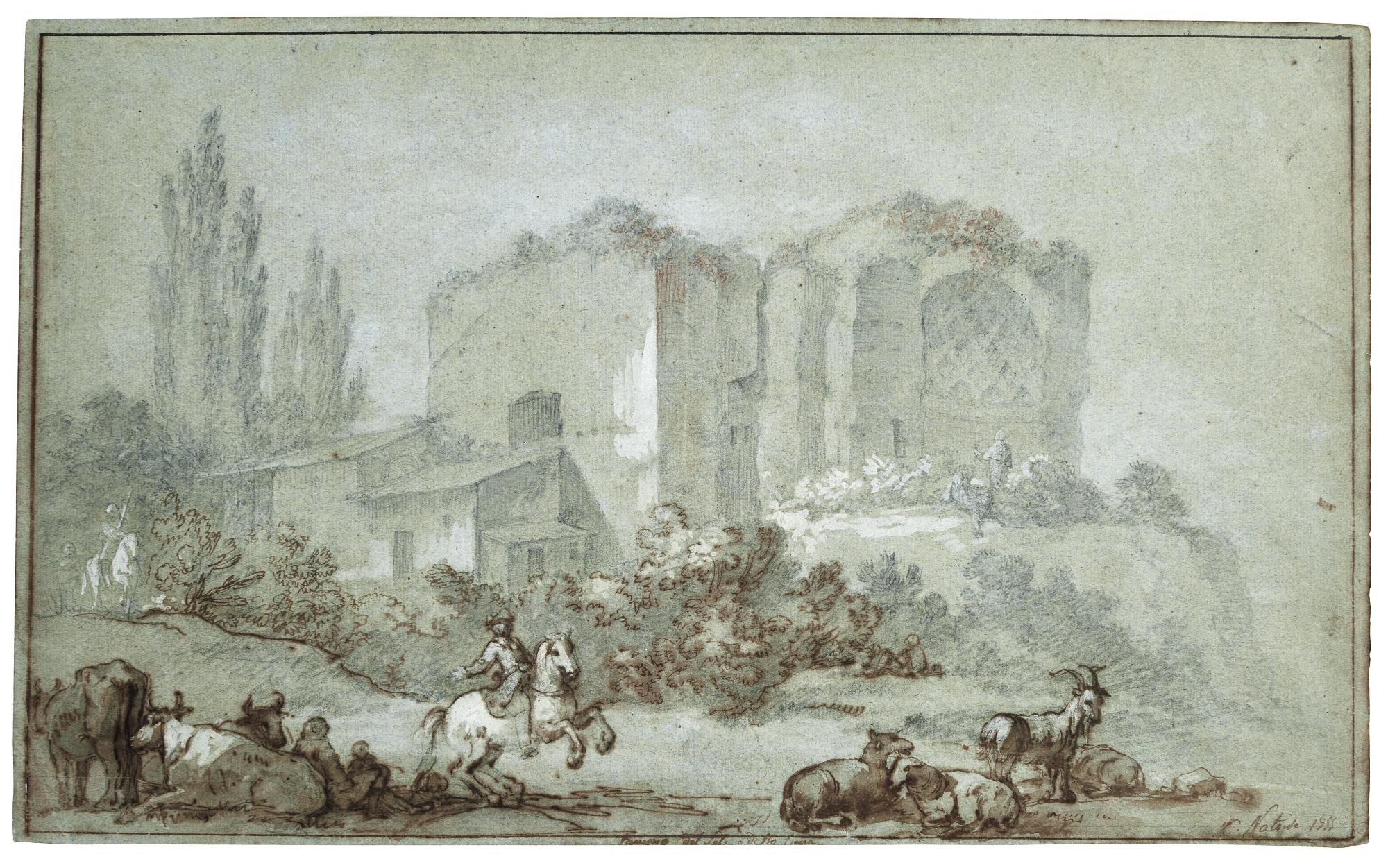 Charles-Joseph Natoire - A Galloping Horseman And Other Animals In Front Of The Temple Of Venus And Roma