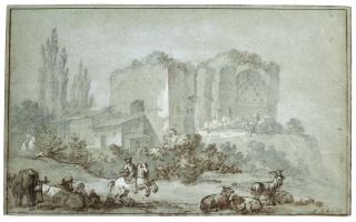 Charles-Joseph Natoire - A Galloping Horseman And Other Animals In Front Of The Temple Of Venus And Roma