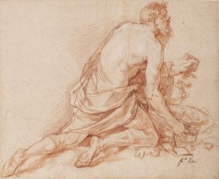 Charles-Joseph Natoire - A kneeling man with a basket of grapes and vine leaves in his hand
