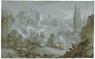 Charles-Joseph Natoire - A Landscape With Shepherds And Animals In Front Of Roman Buildings