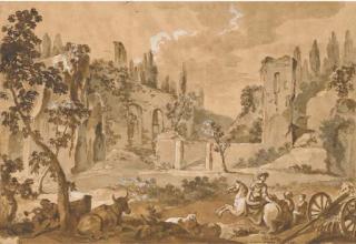 Charles-Joseph Natoire - A view of the Pincian Hill with ruins, a woman on horseback, a cart, animals and figures in the foreground