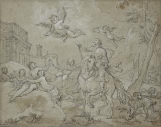 Charles-Joseph Natoire - Arrivée triomphale d\'un cavalier à cheval couronné par un putti