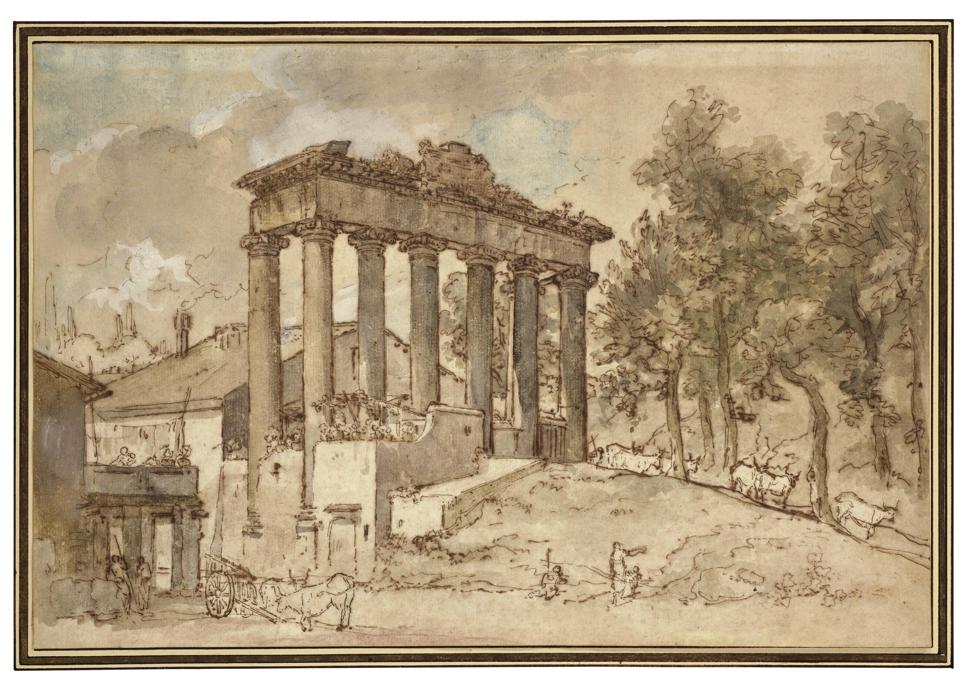 Charles-Joseph Natoire - Colonnade Antique Et Paysans Avec Vaches Dans Un Paysage