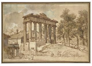 Charles-Joseph Natoire - Colonnade Antique Et Paysans Avec Vaches Dans Un Paysage