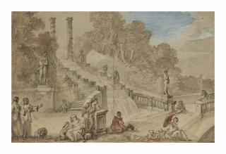 Charles-Joseph Natoire - La Cascade des jardins de la villa Aldobrandini à Frascati avec personnages