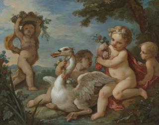Charles-Joseph Natoire - Putti Adorning A Swan With A Garland Of Flowers