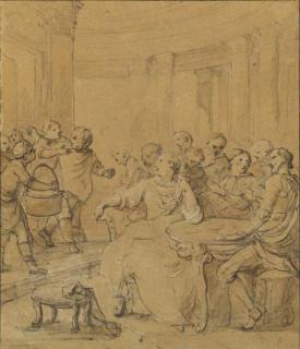 Charles-Joseph Natoire - Sancho Panza pursued by cooks trying to shave his beard with dirty water, Don Quixote and the Duchess seated at a table