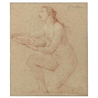 Charles-Joseph Natoire - Study Of A Nude Girl Kneeling In Profile To The Left, Offering A Platter Of Fruit