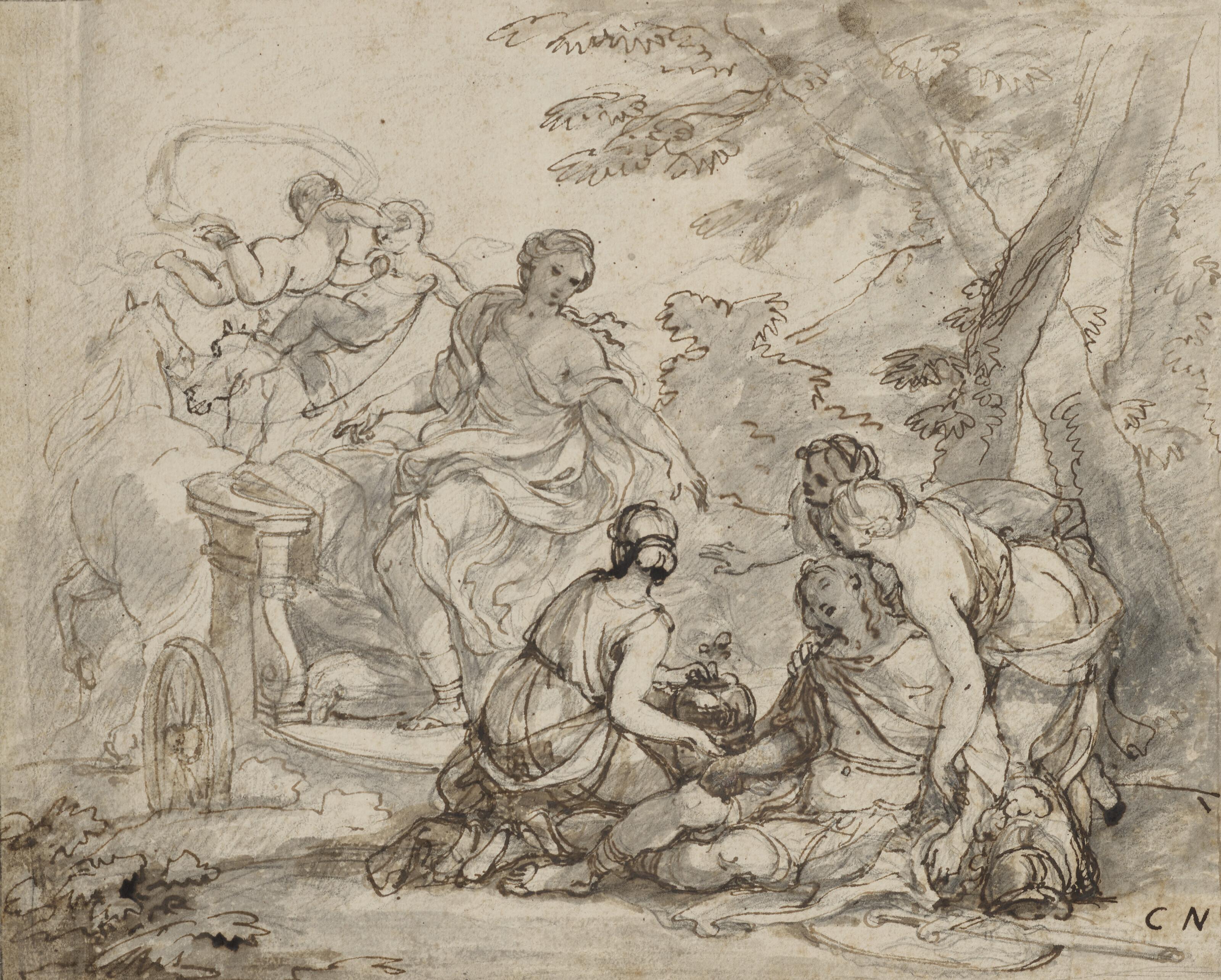 Charles-Joseph Natoire - Vénus sur son char pleurant la mort d\'Adonis (recto) ; Études de moines (verso)