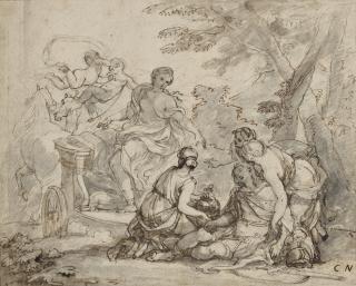 Charles-Joseph Natoire - Vénus sur son char pleurant la mort d\'Adonis (recto) ; Études de moines (verso)