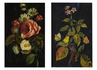 Charles-Joseph Node - Nature morte aux fleurs; Nature morte aux ronce et papillons