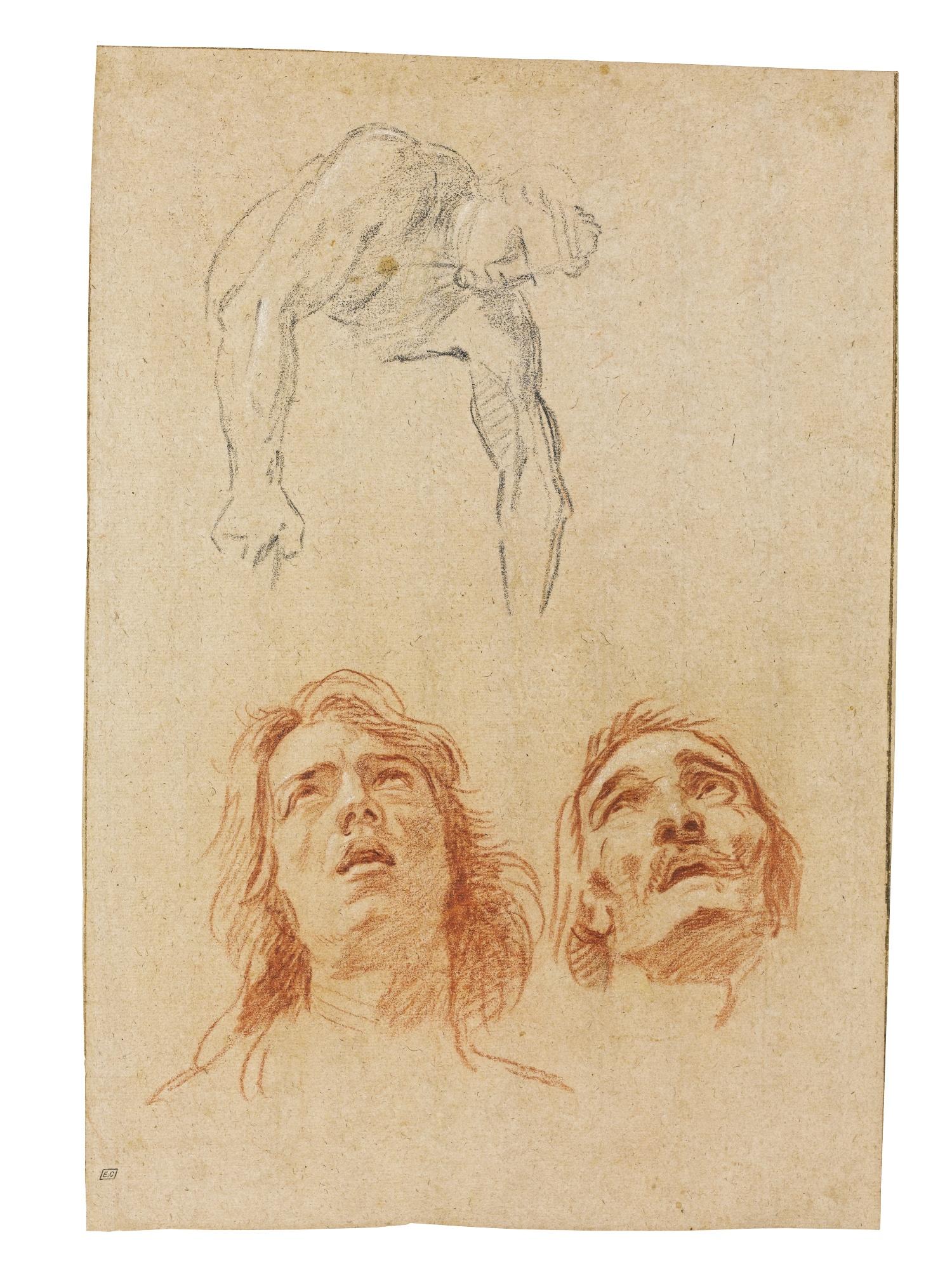 Charles Le Brun - A Double Sided Sheet Of Studies, Probably For A Deposition Recto: Two Head Studies And A Figure Study Verso: A Study Of A Man On A Ladder