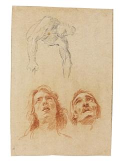 Charles Le Brun - A Double Sided Sheet Of Studies, Probably For A Deposition Recto: Two Head Studies And A Figure Study Verso: A Study Of A Man On A Ladder