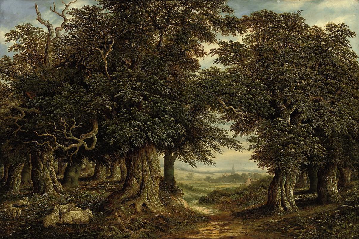 Charles Leaver - Sheep resting in a wooded landscape, a church in the distance