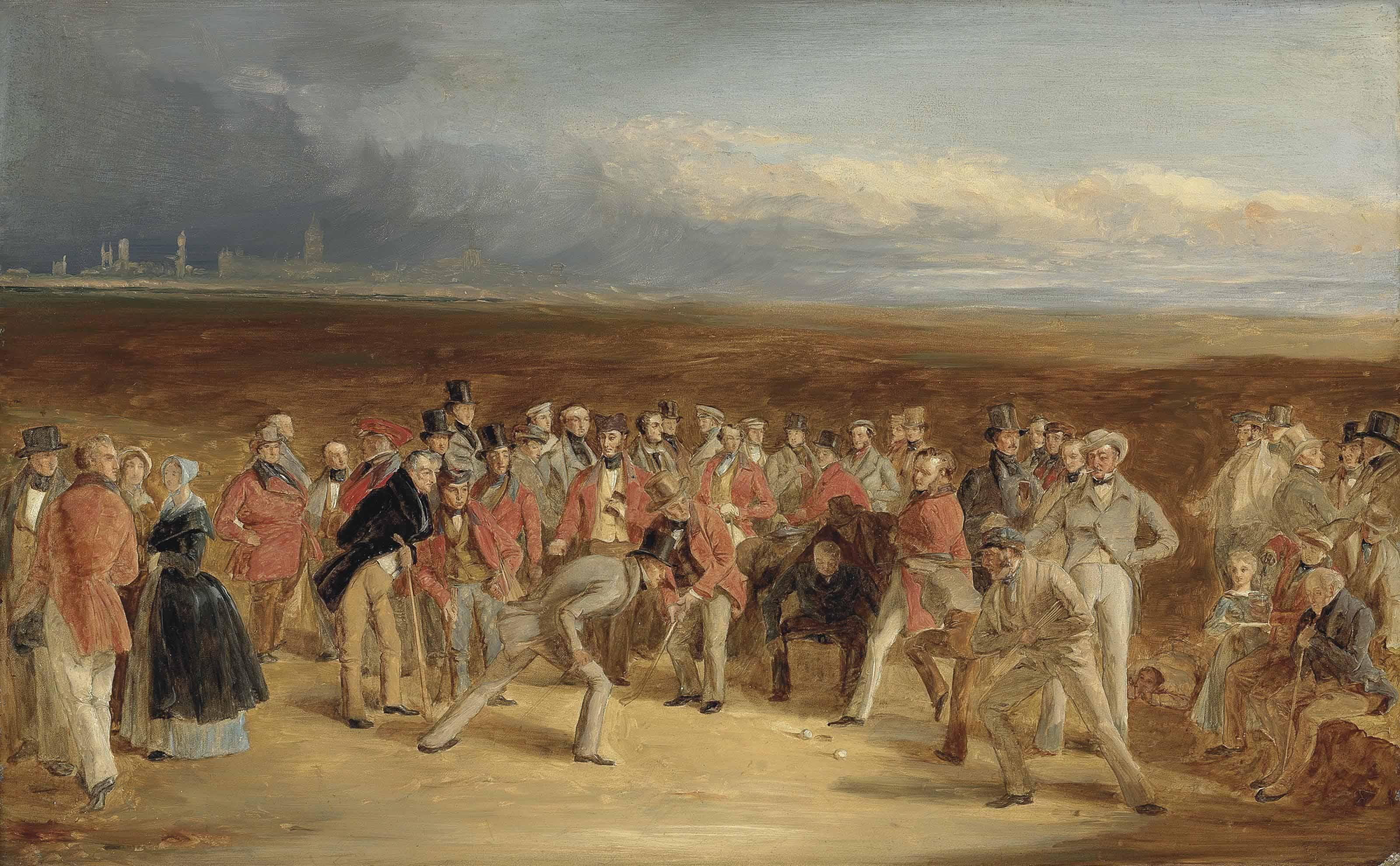 Charles Lees, R.S.A. - The finished sketch for The Golfers: A Grand Match played on the St. Andrews Links by Sir David Baird, Bt. and Sir Ralph Anstruther, Bt. of Balcaskie, against Major Playfair and John Campbell, Esq., of Glensaddell, in 1850