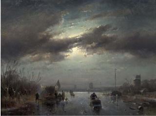 Charles Leickert - A moonlit landscape in winter with skaters by a koek-en-zopie