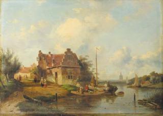 Charles Leickert - A river landscape with a ferry, a town beyond