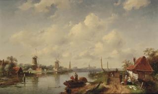 Charles Leickert - A river landscape with a rowing boat, villagers and two windmills