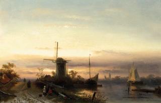 Charles Leickert - A river landscape with figures on a path at dusk, a town beyond