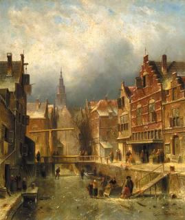 Charles Leickert - A townview in winter with figures on a frozen canal