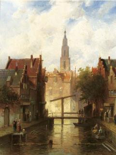 Charles Leickert - A view of a town with figures by a drawbridge