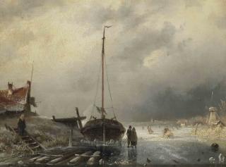 Charles Leickert - A winter landscape with a boat and villagers, a windmill on the right